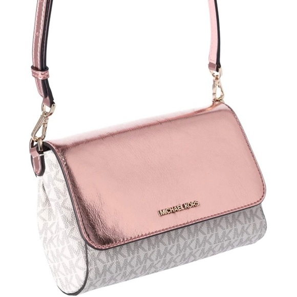 MICHAEL KORS Jet Set Medium Signature Convertible Crossbody Bag Metallic Pink - Picture 1 of 8